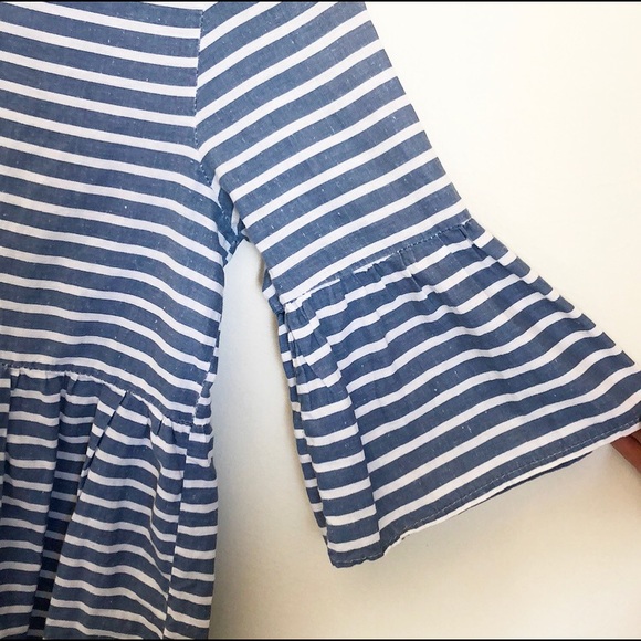 Blue and White Striped Bell Sleeve Keyhole Blouse - Picture 2 of 6